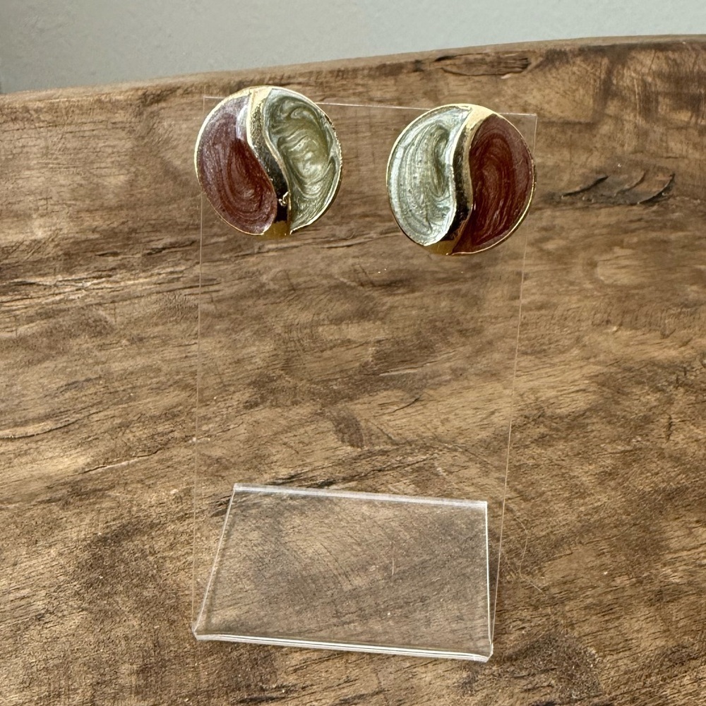 Vintage 90s Maroon and Sage Shimmer Enamel Earrings - Gold Tone Backing